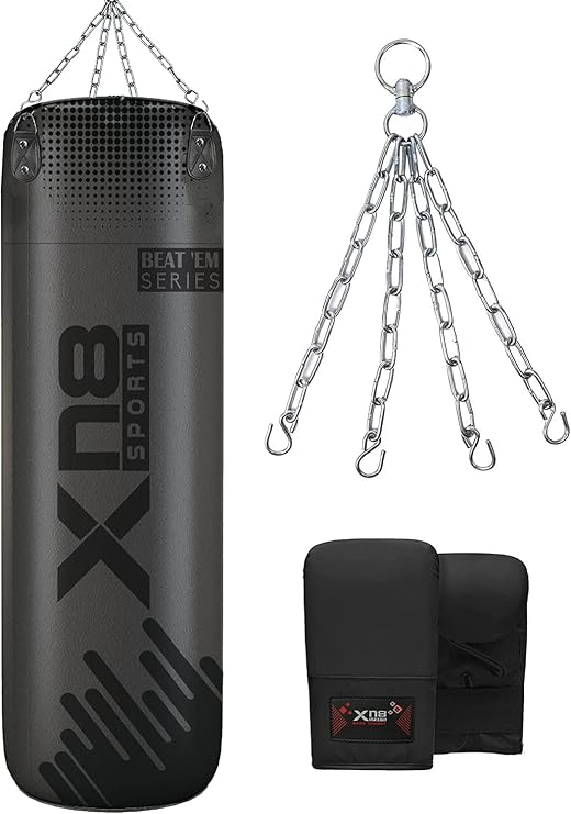 XN8 Sports Unfilled Punching Bag for Boxing – 4ft & 5ft Heavy Duty Punch Bag with Boxing Mitts & Hanging Chain | Ideal for Kickboxing, Muay Thai, MMA, Grappling & Martial Arts Training