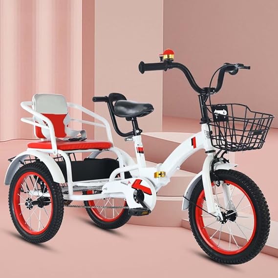 Folding Cruiser Trike for Aged 3-10 Years,Toddler Tandem Tricycle with Rear Passenger seat,3 Wheeler Pedal Rickshaw trikes with Pneumatic tire Spoke Wheel,max Load 100kg Kids trikes