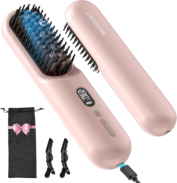 Go Brush Pro Cordless Hair Straightener Brush, Travel Rechargeable, Pink