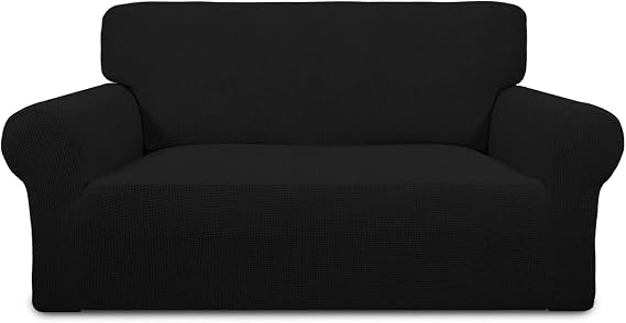 PureFit Stretch Loveseat Sofa Slipcover Couch Covers for Sofa, Black | Jacquard Washable Sofa Cover Couch Protector with Non Slip Foam and Elastic Bottom for Kids, Pets, Dogs