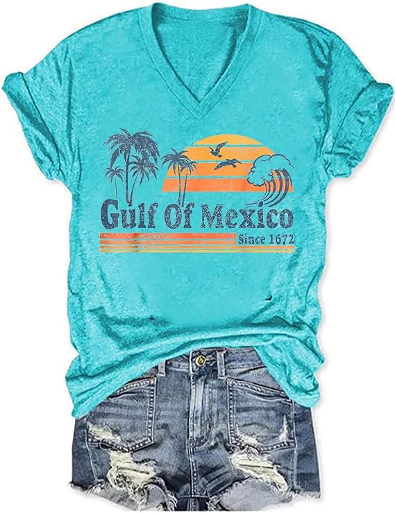 Gulf of Mexico T Shirt Graphic Mexico Shirts for Women Retro Beach Tops