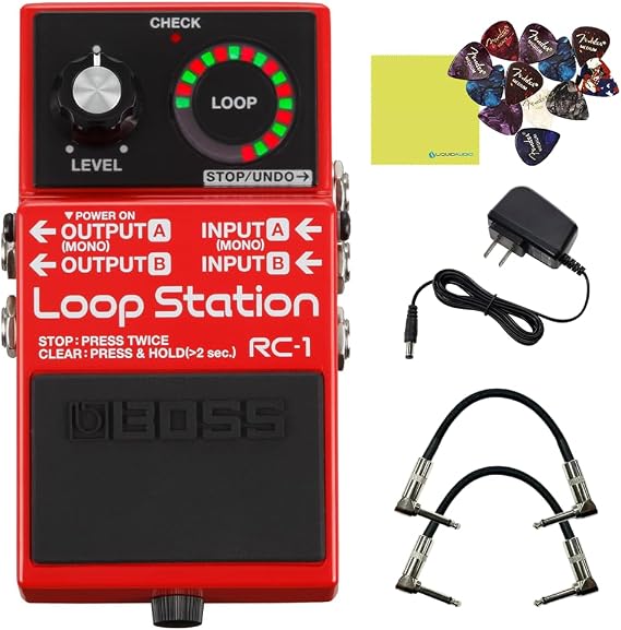 Boss RC-1 Loop Station Pedal Bundle with Cables, Picks and Cloth | Ultimate Looping Experience, Simple Yet Powerful, 2x Patch Cables, 12 Guitar Picks & 9V Power Adapter Included