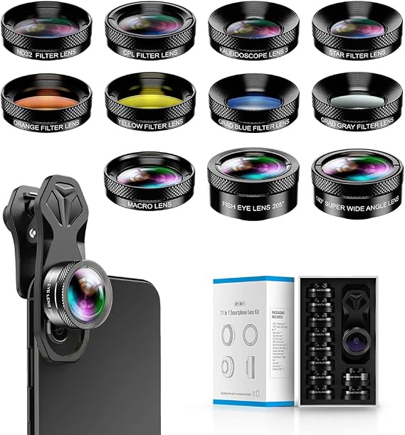 MIAO LAB 11 in 1 Phone Camera Lens Kit - Wide Angle Lens & Macro Lens+Fisheye Lens+ND32//CPL/Color Lens/Star+Kaleidoscope Lens for iPhone Samsung Sony and Most of Smartphone
