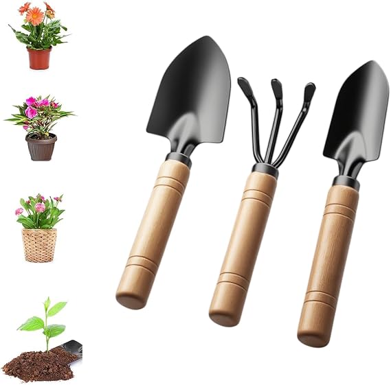 Garden Tool Set 3-Piece Mini Garden Tools Set Garden Shovel Small Wooden Handle Handy Shovel Gardening Small Shovel for Bonsai Tool Plant Potted Flowers Loose Ground