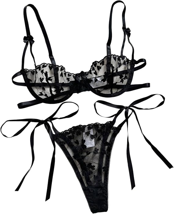 Heart Embroidery Lingerie Set Mesh Unlined Bra & Strappy Thong Women's Sexy Lingerie & Stocking Lingerie for
