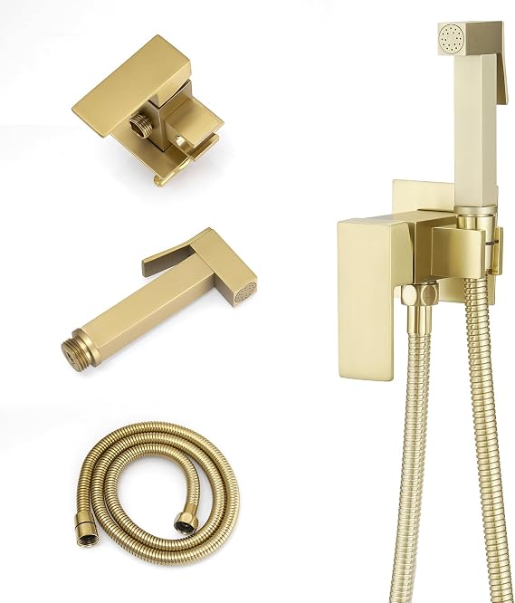 BWE Gold Handheld Toilet Bidet Sprayer Kit, Brass Wall Mount Hot & Cold Water Spray with Adjustable Pressure, Multipurpose Bidet Sprayer for Feminine Wash, Toilet Cleaning, Kids and Pet Bathing