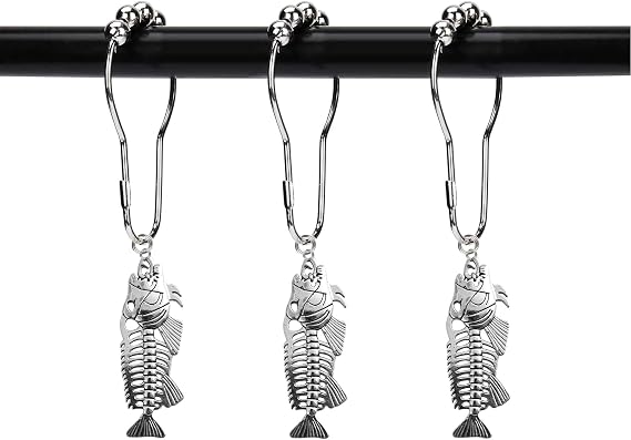 Set of 12 Fish Bones Skeleton Shower Curtain Hooks Rings, Halloween Party Supplies Haunted House Decoration, Stainless Steel Rustproo (Silver)