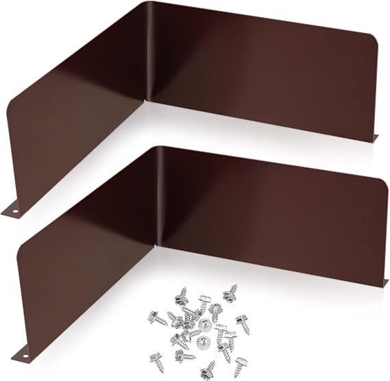 2 Pcs Gutter Valley Splash Guards Downspout Diverter Roof Rain Diverter Roofing Gutter Guards with 20 Pcs Matching Gutter Screws Rain Gutter Guards for Corner House, Brown (Bent Style)