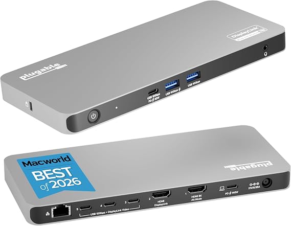 Plugable USB C Docking Station 5 Monitors, 140W DisplayLink Dock Connects up to Five 4K Displays for MacBook Windows Thunderbolt 4 Laptops, 2X HDMI, 3X USBC 2.5Gbps Ethernet, Driver Required DL7400