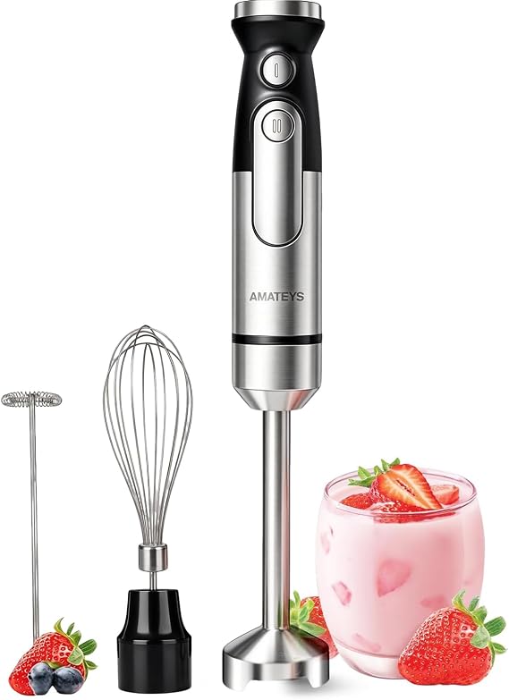 Amateys Immersion Blender Handheld,700W Hand Mixer Infinitely Variable Speeds,Multi-function Stainless Steel Stick Electric Kitchen Smoothie Blender with Detachable Whisk, Milk Frother,for Soup Puree