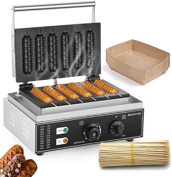 Moongiantgo Commercial Corn Dog Waffle Maker Machine 6 PCS,1550W 110V | Non-Stick Stainless Steel, 50-300C Temp Control, 5-min Timer, Hot Dog Cheese Stick Press Iron, French Muffin Cooker
