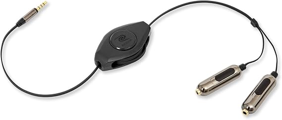 ReTrack ETPRSPLIT Retractable Premier 5-Feet Audio Splitter Cable with Volume Controls, Black/Silver