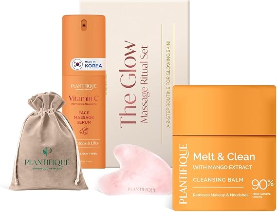 PLANTIFIQUE Massage Ritual Set: Premium Certified Jade Gua Sha + Jojoba Oil & AHA Serum Skin Care Set and Korean Cleansing Balm Makeup Remover with Mango & Papaya Extracts