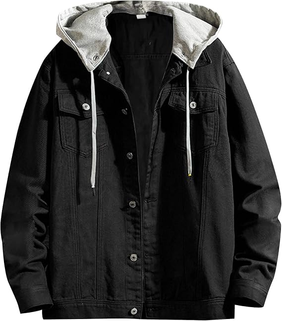 Teevaseoan Denim Jacket, Men's, Color, Slim, Casual, Stylish, Long Sleeve, Autumn and Winter Clothes, Denim Jacket, Cotton, G-Jacket, Popular, Large Size, Fashion, Spring and Autumn, Outerwear, Basic Outerwear, Lightweight, Street Style #01B-Black, M