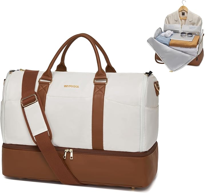 Convertible Garment Duffel Bag for Travel,2 in 1 Weekender Bag Hanging Suitcase for Women with Shoe Compartment, Carry On Suit Bags Travel Duffle Bag Beige