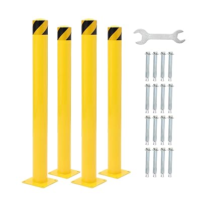 Safety Bollard 4 Packs, 48 Inch Height Bollard Post, 4.5 Inches Diameter Steel Pipe, Yellow Safety Steel Bollard with 16 Anchor Bolts, Driveway Security Bollards for Traffic-Sensitive Area