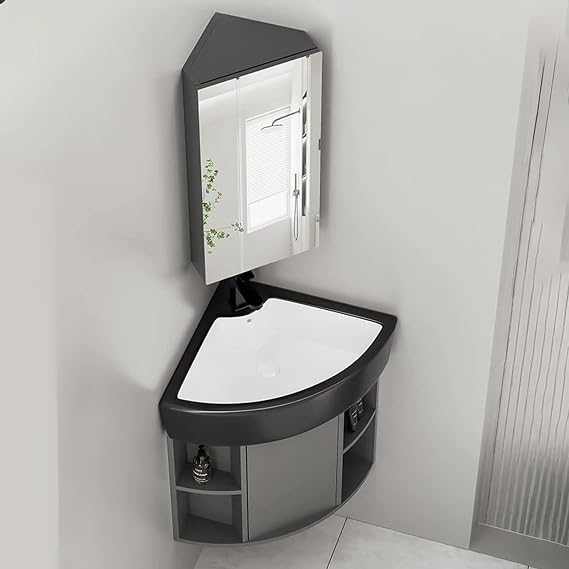 Corner Bathroom Sink, Corner Bathroom Vanity, Corner Ceramic Sink, Corner Vanity with Sink and Mirror Cabinet, Wall Mounted Bathroom Sink Cabinet for Small Space(38cm/14.9in)