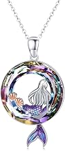 Mermaid Necklaces Round Shape Crystal Ocean Pendant Necklace Dainty Sterling Silver Starfish Beach Cute Jewelry Gifts for Women with Gift Box