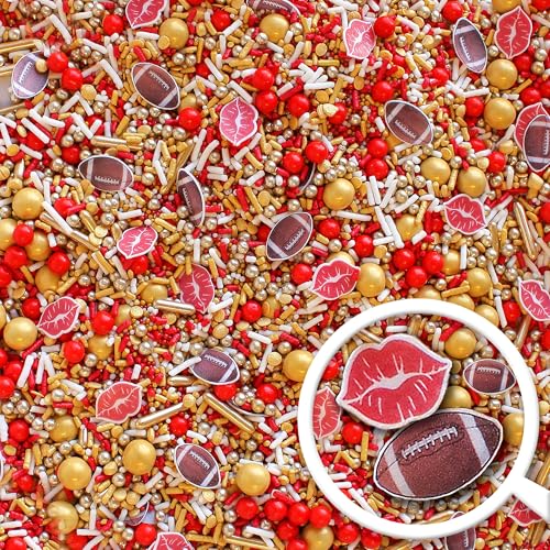 Sprinkle Pop Swelce Sprinkle Mix| Red White Gold Sprinkle Mix with ~20 Red Lips & Football Wafer Papers| Valentines Sprinkles Made in USA for Decorating Cakes Cupcakes Donuts Cookies Ice Cream, 4oz