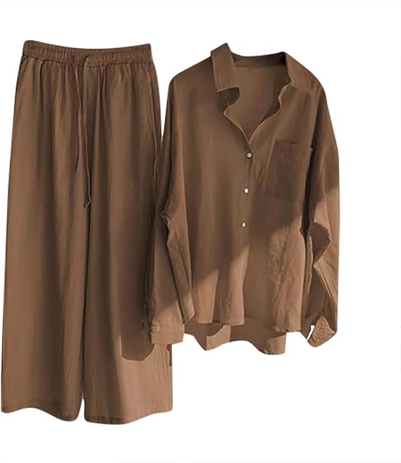 Fall Linen Sets for Women 2 Piece Outfit Dressy Casual Long Sleeve Button down Shirt Wide Leg Pants Suit Loungewear