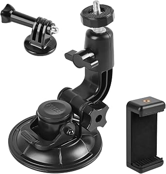 Dash Cam Suction Cup Mount Windshield Camera Holder Stand 9CM with Phone Bracket for GPS Driving DVR Action Camcorder Video Record POV/VLOG Compatible with Gopro Hero, Insta360 Smartphone