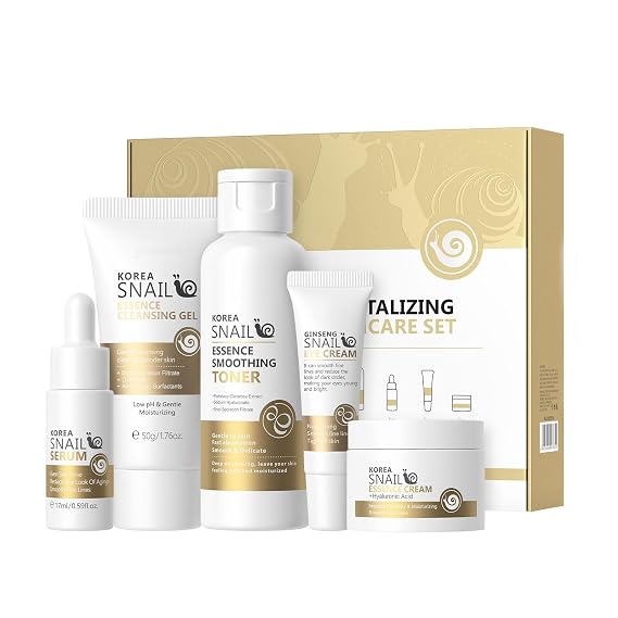 Korean Snail Skin Care Set, Anti-Aging Moisturizing Facial Skin Care Routine Kit, Travel Skincare Gift Set with Cleansing Gel, Toner, Eye Cream, Serum, Face Cream, Rejuvenating Kit for Women