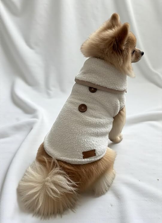 Kışlık Peluş Köpek Yelek, Sıcak Tutan Düğmeli Yumuşak Polar Küçük Irk Köpek Kıyafeti, Bej (Beyaz, Small)