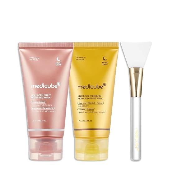 medicube Viral Glass Glow Overnight Wrapping Mask Duo: Collagen Overnight Wrapping Peel Off Facial Mask Pack and Turmeric Wrapping Peel Off Mask 2.0 and Jelly Brush, Gifts for Women