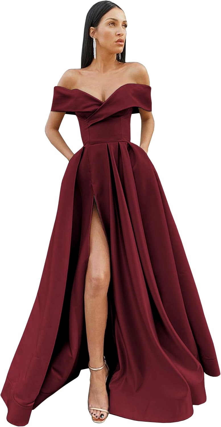 Off The Shoulder Prom Dresses for Women 2025 Satin Formal Dress with Slit Pockets Long Ball Gowns