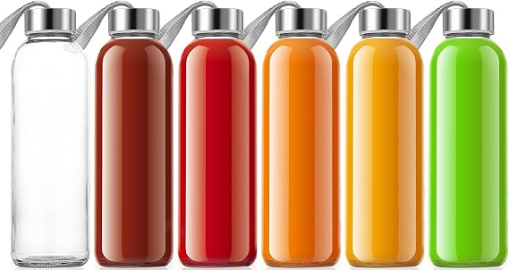 QCen 18oz Clear Glass Bottle for Juicing, 6 Pack Reusable Glass Water Bottles for Juicer Machine, with Stainless Steel Leak-Proof Lids, Wide Mouth Liquid Storage Containers, BPA Free