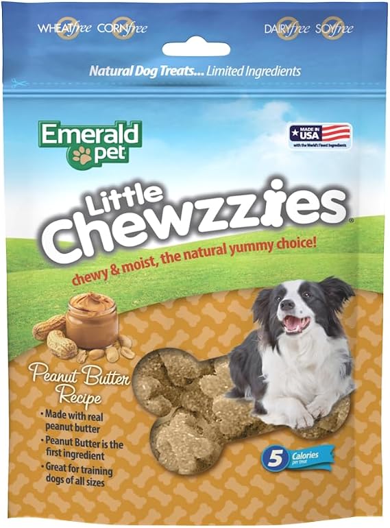 Emerald Pet Little Chewzzies Wheat Free Training Dog Treats Healthy and Tasty Natural Dog Chews with Real Meat or Peanut Butter Limited Ingredient Dog Treats Made in The USA Peanut Butter, 5 oz