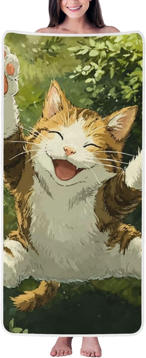 Funny Cat Happy Quick Dry Microfiber Towel, Ultra Absorbent & Soft Coral Fleece Bath Towels for Body, Hair, Gym, Yoga, Spa & Travel - Lightweight & Fast Drying Multipurpose Towel (27"X55"