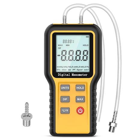 Digital Manometer Gas Pressure Tester with 0.3% FSO Resolution, Differential Pressure Gauge with 12 Optional Units, Portable Air Pressure Gauge with LCD Backlight.