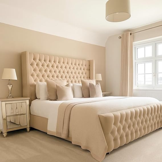 Bespoke Chesterfield Chelsea Wing Bed Frame - UK made - Single/Double/King/Super King Size Plush Velvet Fabric Upholstered (Beige Plush, King size 5ft)