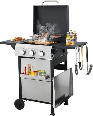 Hanzim 3-Burner Propane Gas BBQ Grill, SS Plancha, 36900BTU Output With Wire Enamel Cooking Grids For Outdoor Barbecue, Foldable Side Table, Hanging Basket, Stainless Steel