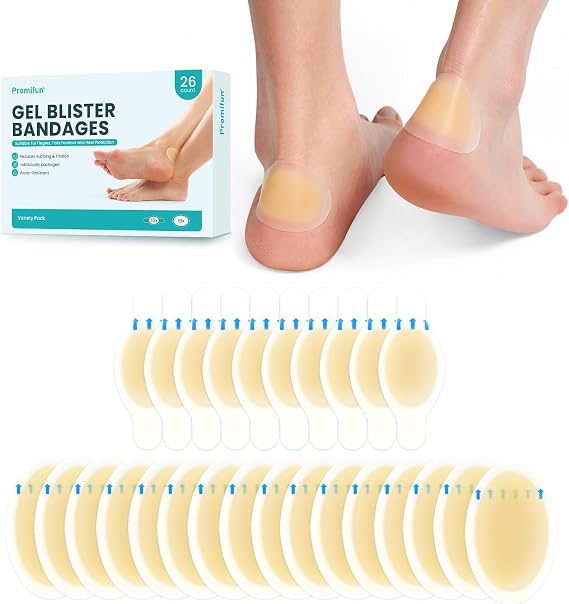 Hydrocolloid Gel Blister Bandages Pads - Promifun Waterproof Adhesive Blisters Bandages - Blister Pads for Heel, Foot, Toe, Feet - Gel Blister Chshions for Prevention & Recovery (26ct, Variety Pack)