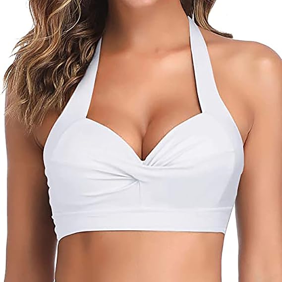 Women Bikini Top Push Up Swim Top Halter Retro Bathing Suit Top Padded Swimsuit Top Only Vintage V Neck Suit
