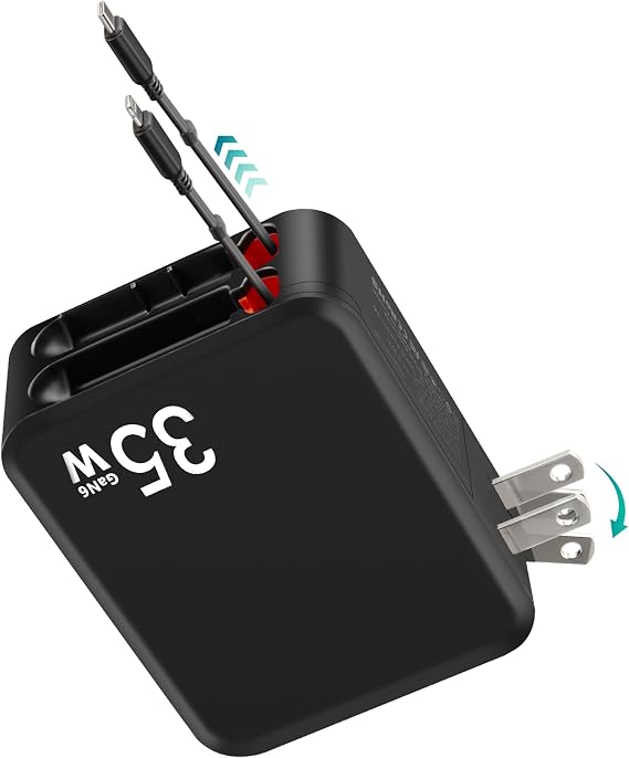 MQOUNY for iPhone 16 Charger,62W Retractable Wall Charger with Dual Cables,35W USB C PD Power Adapter with Foldable Plug Fast Charging Block for iPhone 16/15/14/13,iPad, Samsung Galaxy