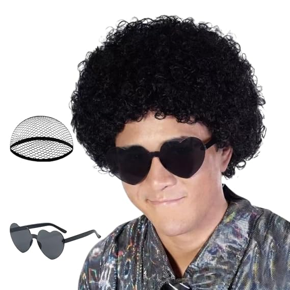 FREE BEAUTY Black Afro Wig with Heart Sunglasses for Women Men, Colored Short Fluffy Curly Funny Party Afro Wigs 70s 80s Disco Hair for Disco Halloween Cosplay Costume Party Music Festival