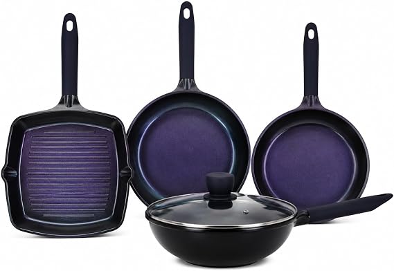 NutriChef 5 Pc Frying Pan Set Non Stick with Wok, Grill and Fish Pan | Ceramic Non Stick Coating, Die-Casting Aluminum, Stain-Resistant, Even Heat, Induction, Gas & Electric Cooktops Compatible