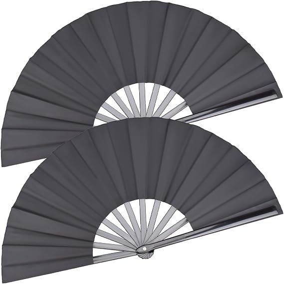 2 Pack Large Folding Hand Fan, Black Chinese Kung Fu Tai Chi Fan Nylon-Cloth Fan For Men And Women Performance, Dance, Decorations, Festival, Gift (Folding fan black 2p)