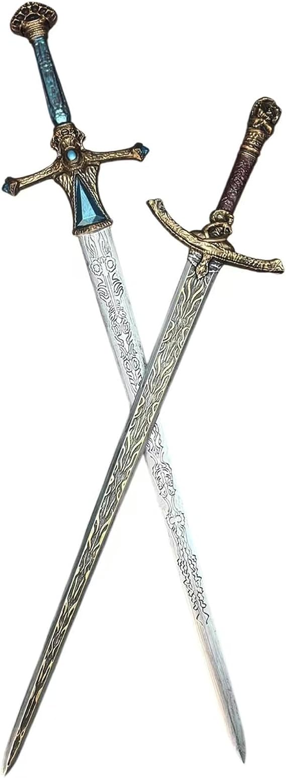 Twin Arcane Relic Blades Blue Crystal & Gold Engraved Dual Foam Swords Sorcerer Knight Inspired Fantasy Cosplay Weapon Set (43" & 39")
