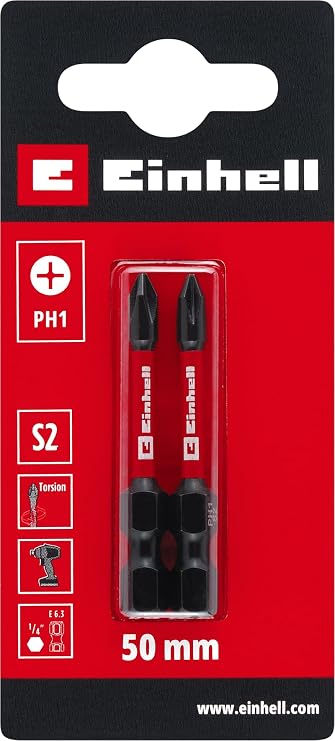 Orijinal Einhell Darbeli Bit Seti, 2 Parça, 50 mm, PH1 (S2 Çelik, Torsiyon Bölgesi, Verimli Güç Aktarımı, Kırmızı Renk Halkası, C 6.3 Sap) - 49131160