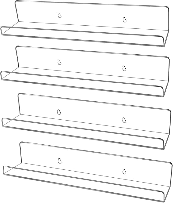 evron Acrylic Floating Shelves 4-Pack Clear Wall Shelf for Bathroom, Bedroom, or Kitchen Easy Installation with Adhesive (No-Drill) or Screws (Drill Required) 13.8" Modern Rack (Clear 4 Pack)