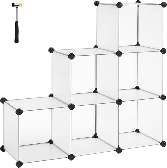SONGMICS Attachable rack, plastic rack, DIY cube rack, step rack, shelving system, 6 compartments, toys, shoes, books, living room, children's room, bedroom, 93 x 31 x 93 cm, white LPC11S