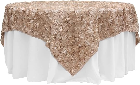 CVL Rosette Satin Table Overlay Topper Edge: Serged 85"x85" - Champagne