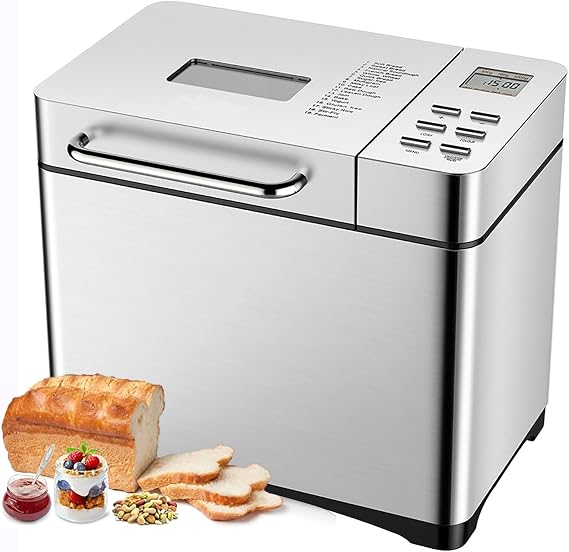 Bread Maker Machine with Nonstick Ceramic Pan and LCD Touch Panel - 17 Smart Cooking Programs, 15 Hours Timer, 3 Loaf Sizes - Professional Automatic Bread Machine for Breakfast