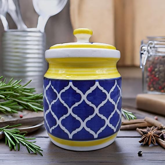 Ceramic pickle jars 1200 ml Pottery Ceramic Storage Jar for Pickle, Ceramic Cornichon Storage Jar for Pickle Barni for Achar (1200 ml, BLUE AND YELLOW, Set of 1)