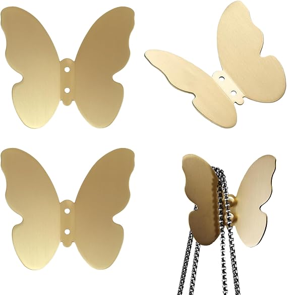 Primst 3 PCS Brass Butterfly Hooks with Screws, Decorative Wall Mounted Hooks Hat Rack Robe Hook for Bathroom Kitchen Entryway (Gold)