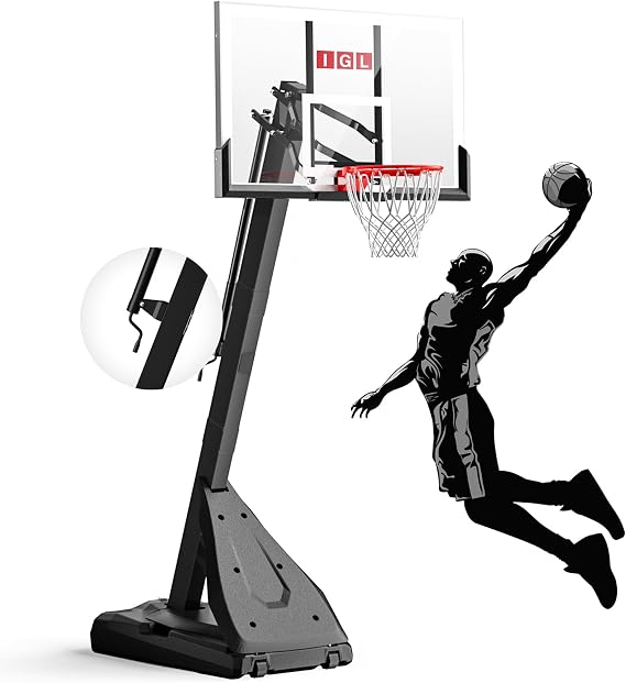 IGL Basketball Hoop Outdoor, 54-60 Inch Shatterproof Backboard, 7.5-10 FT Quick Height Adjustable Basketball Portable Hoops & Goals, Reinforced and Thickened Tube Iron Steel